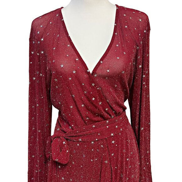 Unique Vintage Red & Silver Stars Farrah Maxi Dress V-Neck Sheer Holiday Gown - Picture 7 of 10